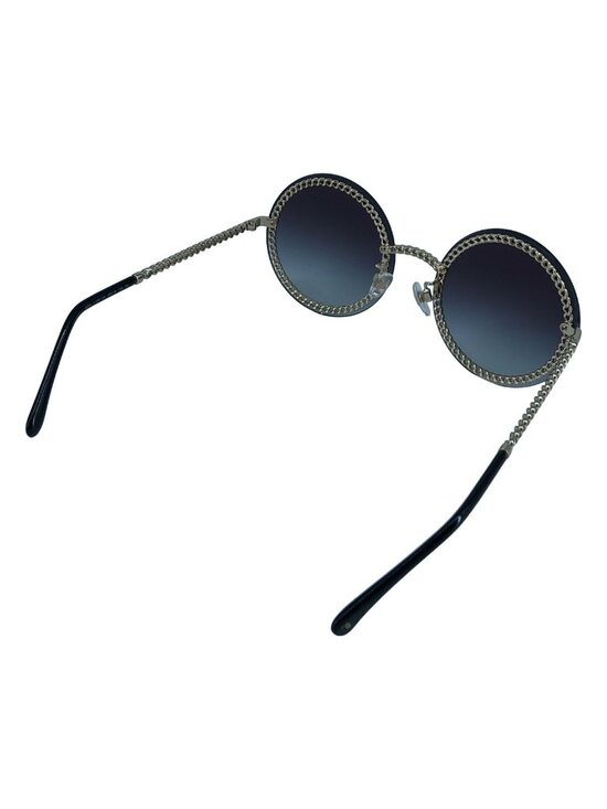 Chanel Mademoiselle CC Logo Chain Oval Sunglasses 58 Black Gold Eyewear